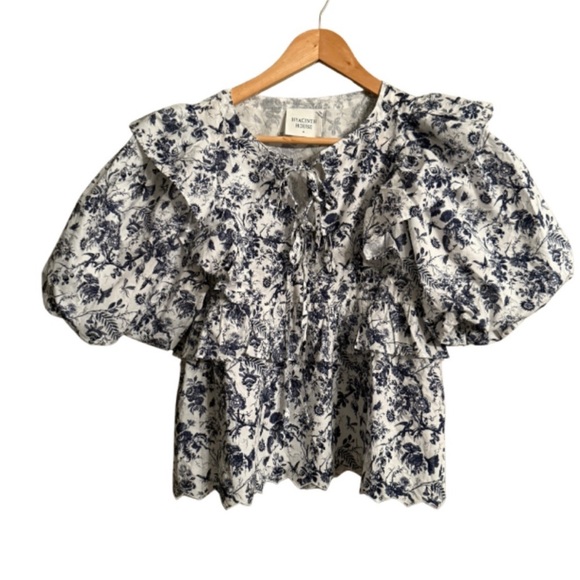 Tuckernuck Hyacinth House Blue Floral Tie Front Blouse M Cottagecore Ruffles - Picture 2 of 8